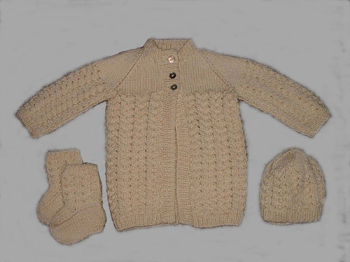 Newborn cardigan, hat and booties of Lion Brand TM Microspun